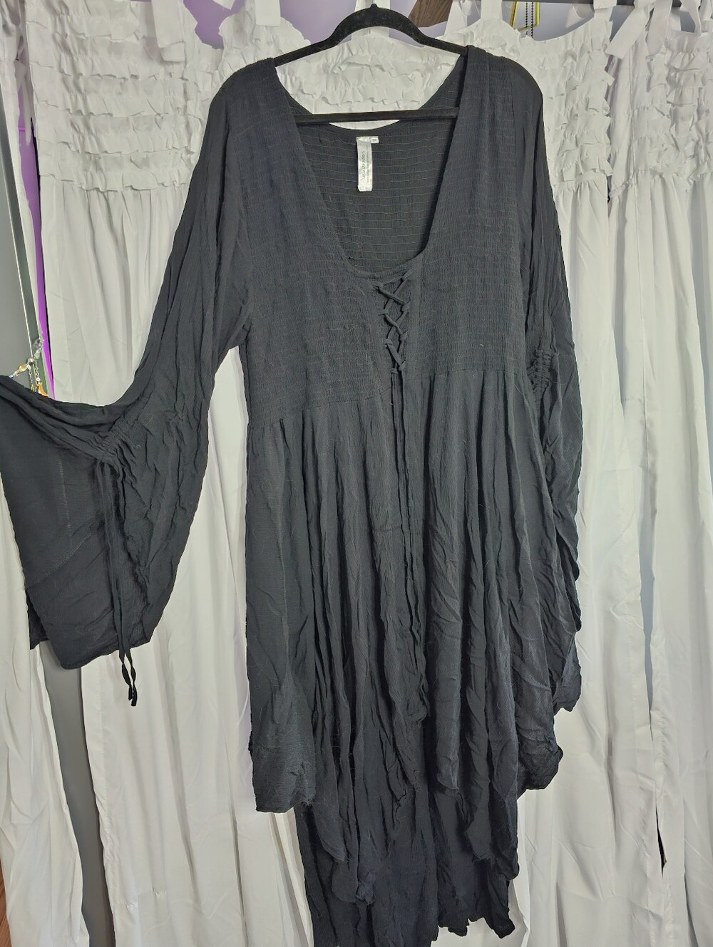 Boho Lace-Up Peasant Tunic Dress - Black